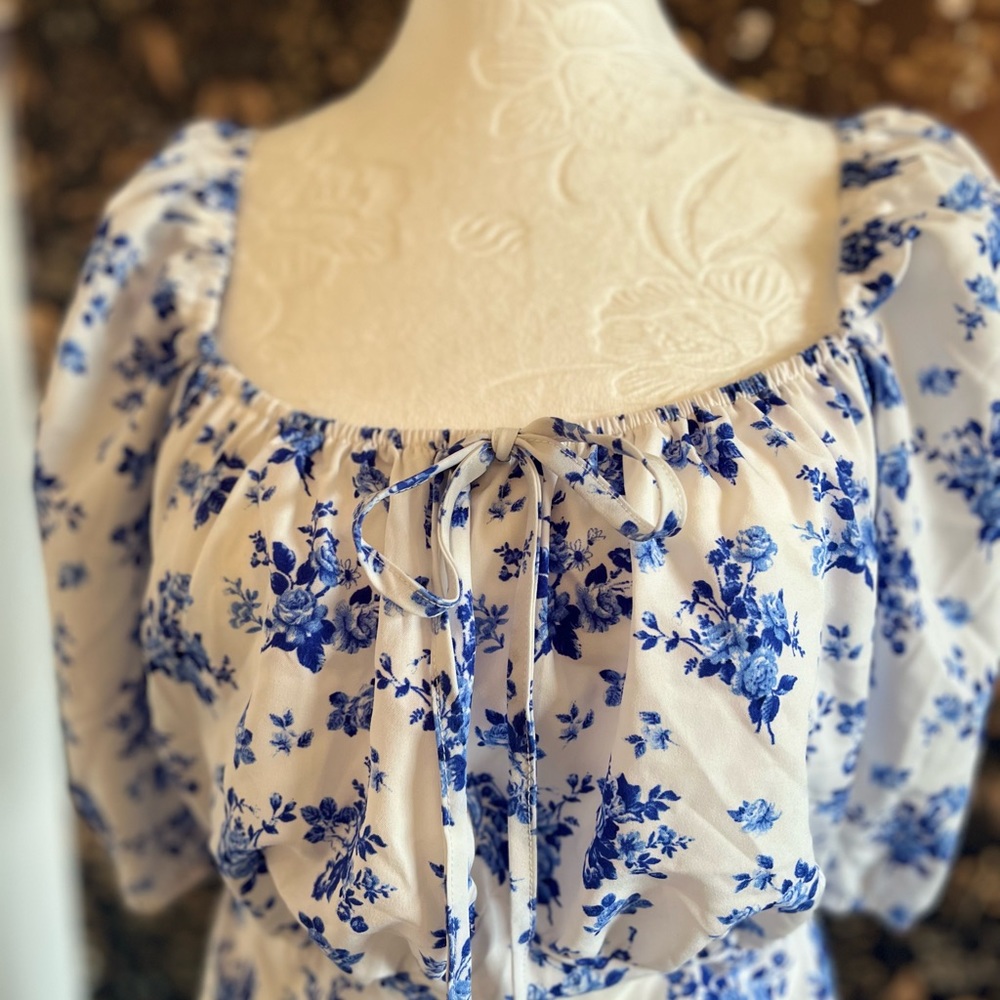 Blue and White Floral Puff Sleeve Dress